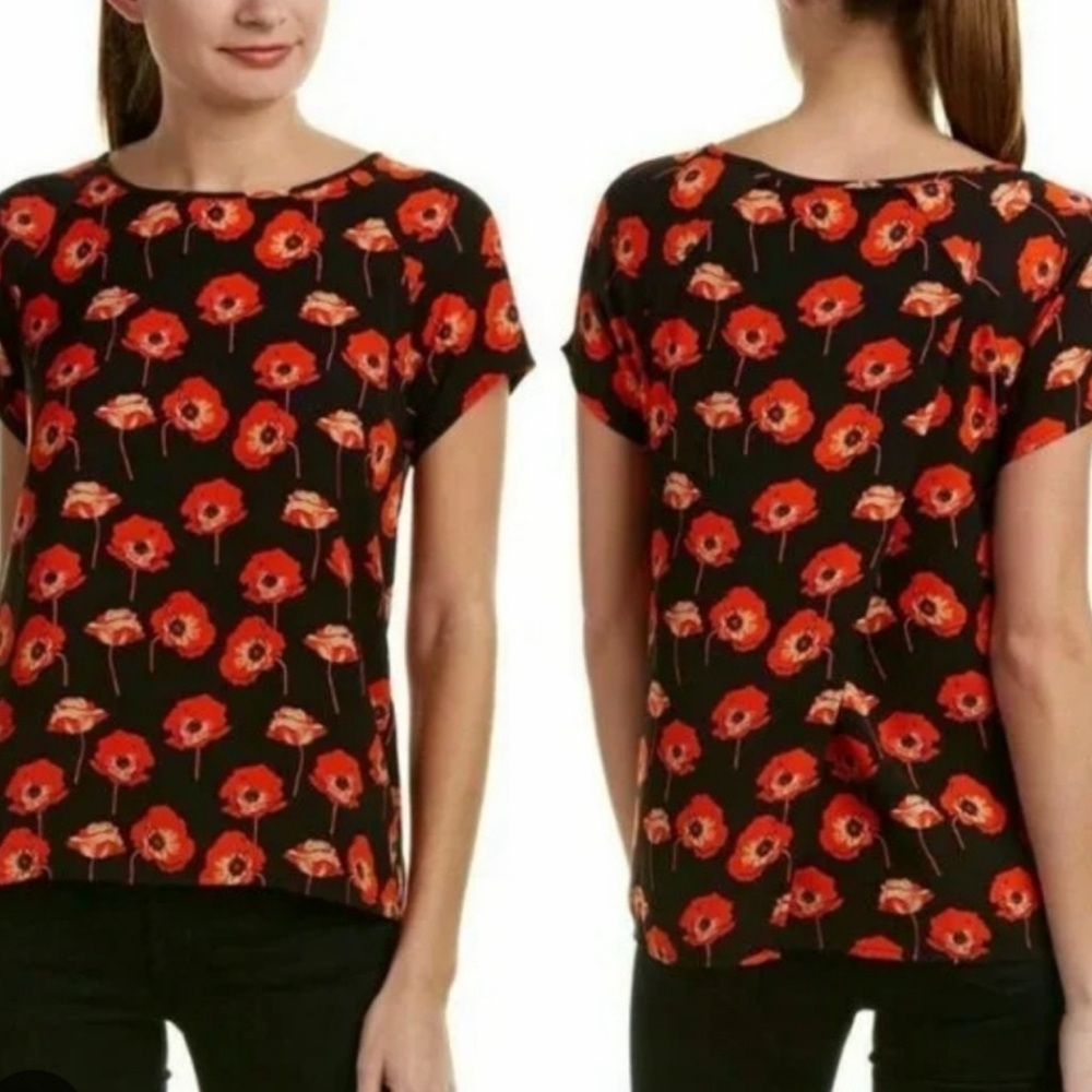 CAbi Black and Red Poppy Short Sleeve Top